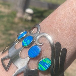Large and stunning Sterling and mixed metals multiple  fire opal cuff bracelet